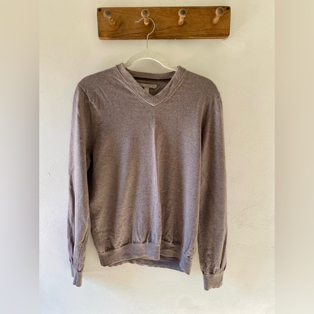 Men's V-Neck Sweater - Dark Oatmeal, Extra Fine Merino Wool, M